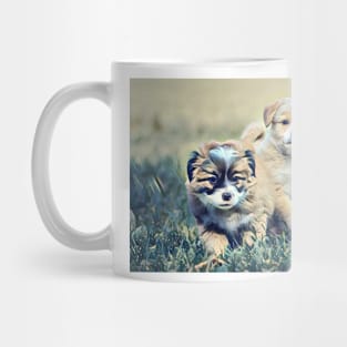 Two Puppies On A Grass Field Mug